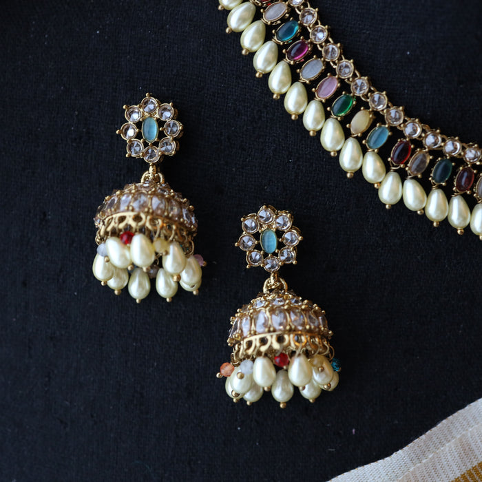 Trendy multi stone short necklace and earrings TM121