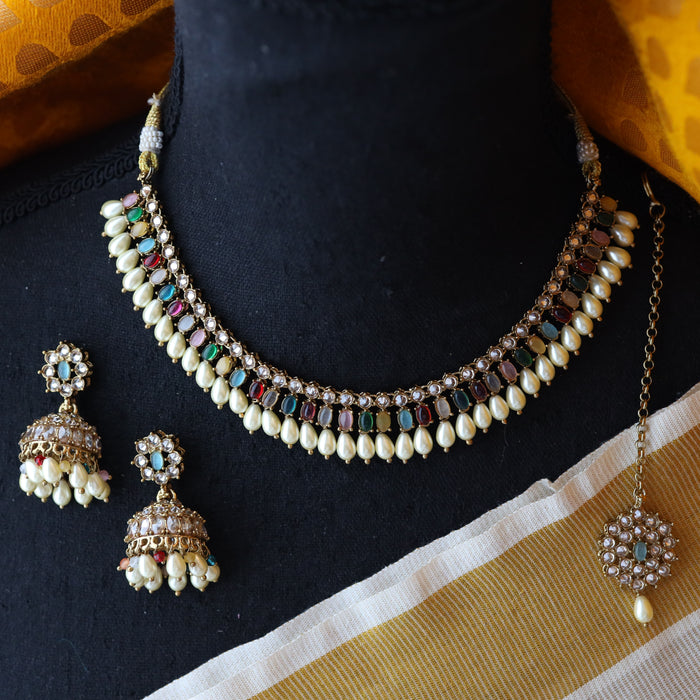 Trendy multi stone short necklace and earrings TM121