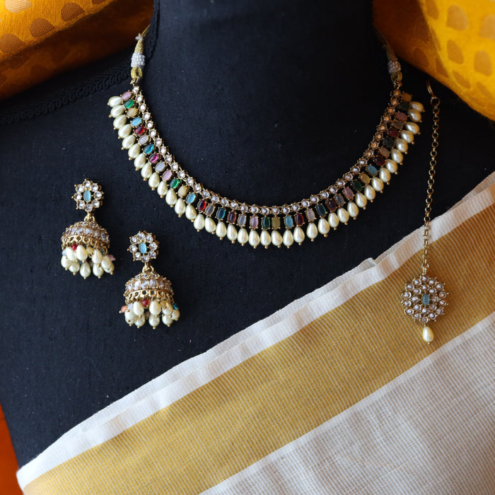 Trendy multi stone short necklace and earrings TM121