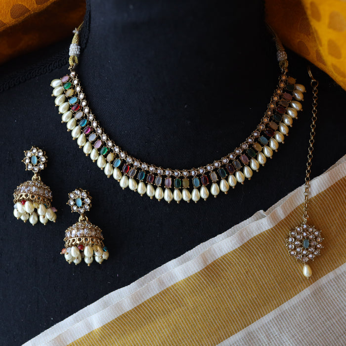 Trendy multi stone short necklace and earrings TM121