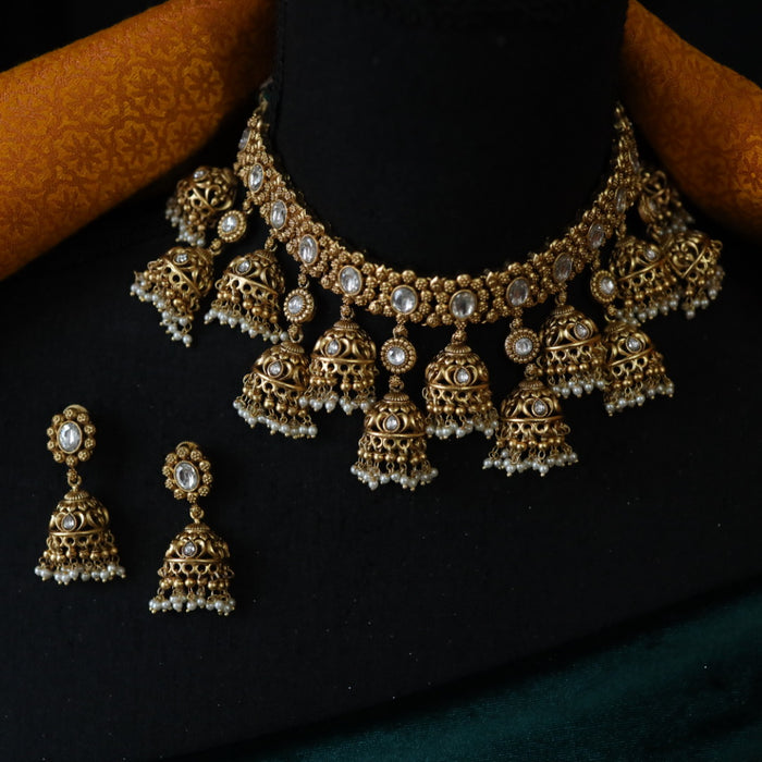 Antique white stone choker necklace with earrings CCB2002