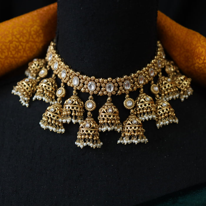 Antique white stone choker necklace with earrings CCB2002