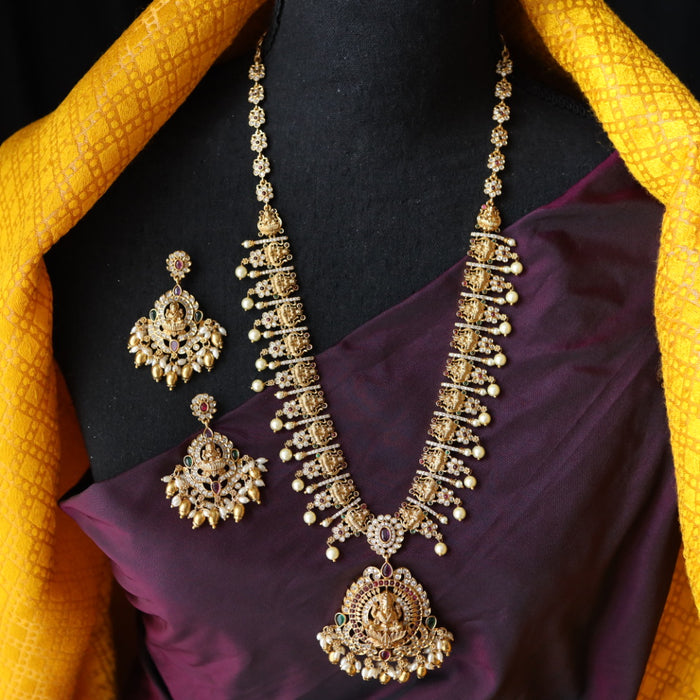 Antique gold temple design long necklace with earrings LL02014