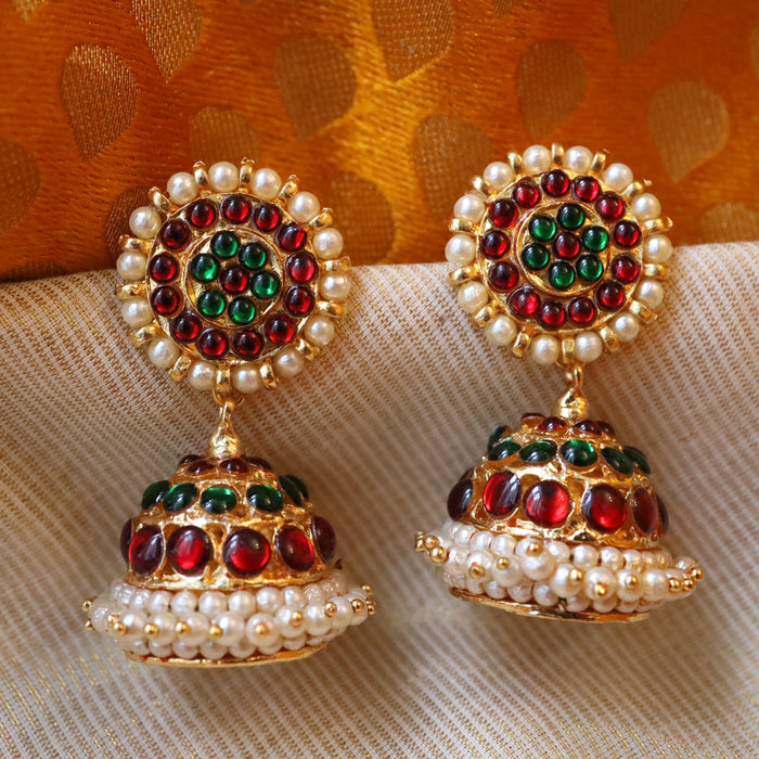 Antique ruby stone pearls jumka earrings AJ342