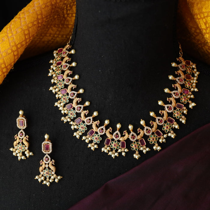 Antique multi stone pearl short necklace and earrings SS11046