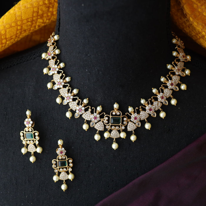 Antique ruby white stone short necklace and earrings SS10085