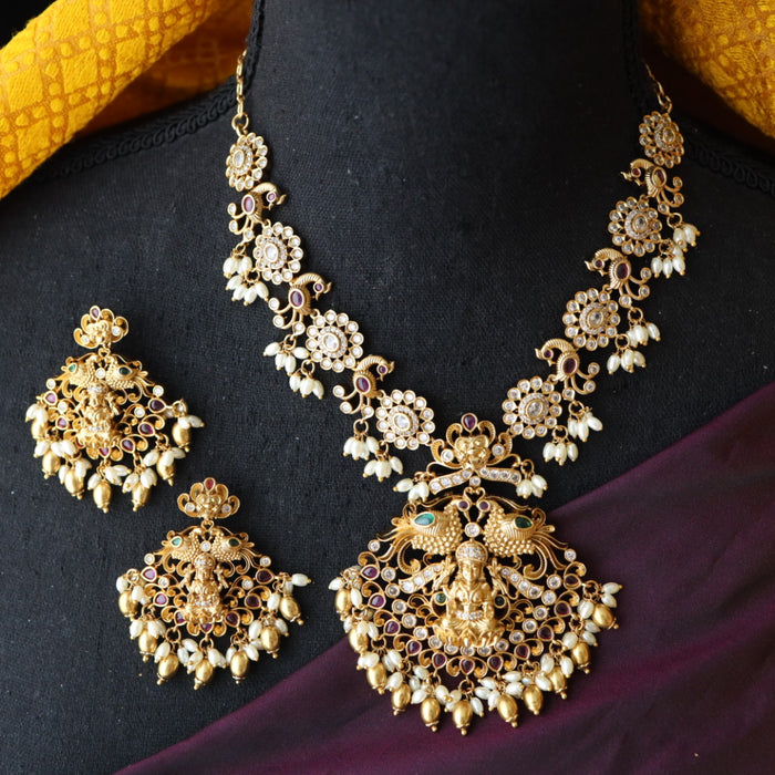 Antique temple stone and pearl short necklace and earrings S1B217
