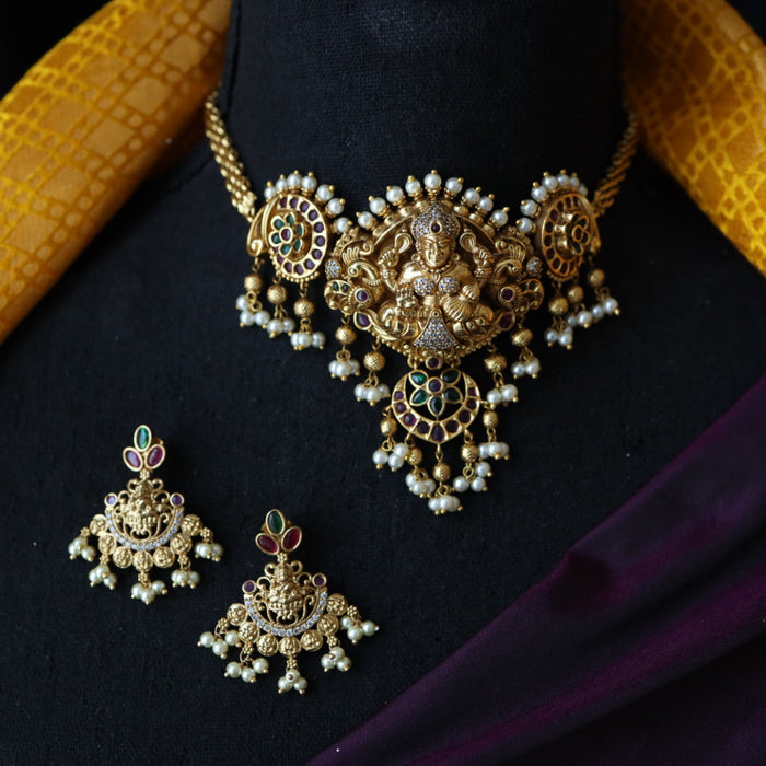 Antique gold temple design choker necklace with earrings CCB1567
