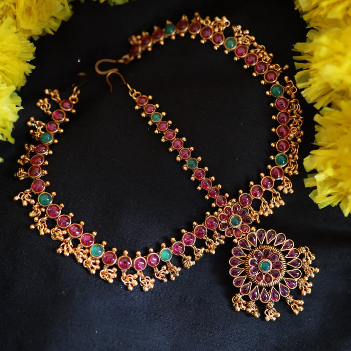 Antique ruby green stone three side tikka design tikka 222686