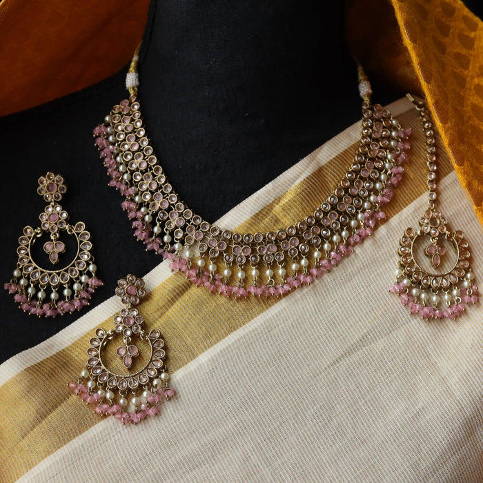 Trendy pink bead short necklace with earrings and tikka TP104