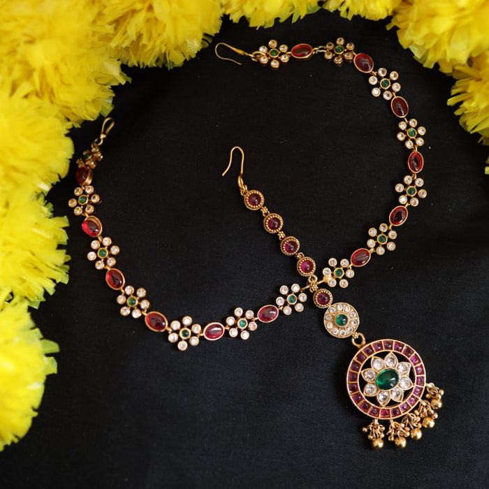 Antique ruby green white stone three side tikka design tikka 222692