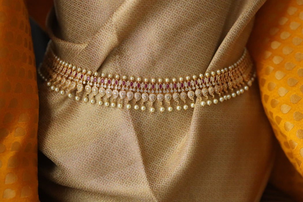 Heritage gold plated ruby white stone Cz stone waistchain 2345890