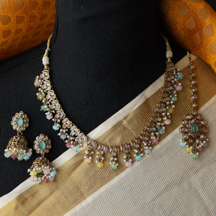 Trendy multi colour bead choker necklace with earrings and tikka TM119