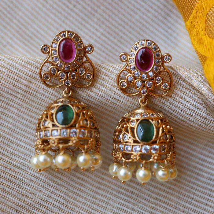 Antique gold multi stone and pearl jumka earrings AJ14
