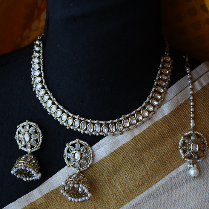 Trendy white stone short necklace with earrings and tikka TW226