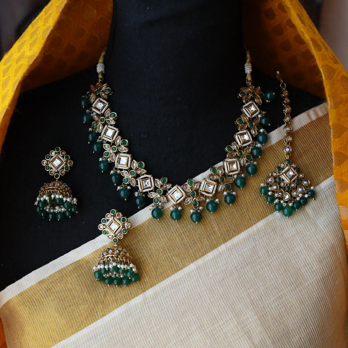 Trendy green pearl short necklace with earrings and tikka TG223