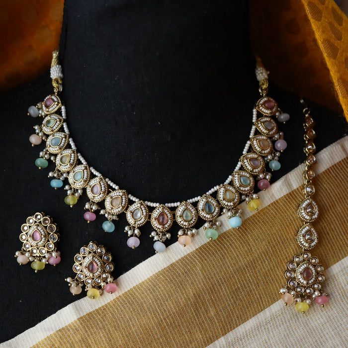 Trendy multi bead short necklace with earrings and tikka TM789