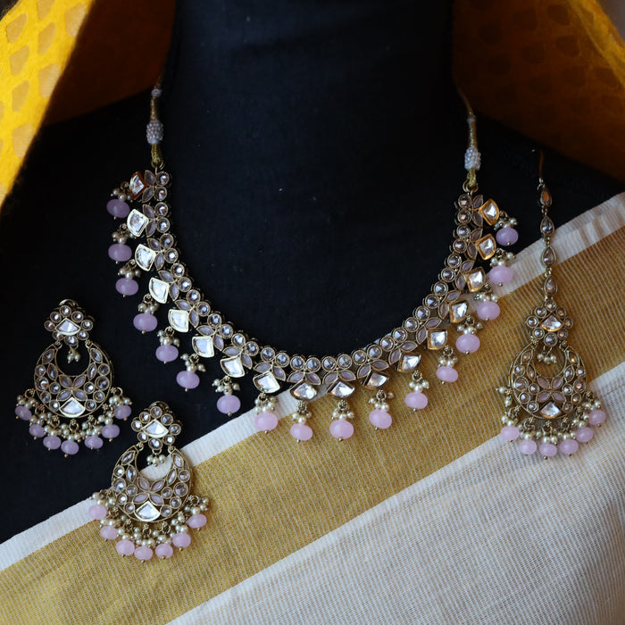 Trendy pink bead short necklace with earrings and tikka TP334