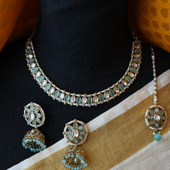 Trendy mint green stone short necklace with earrings TM211