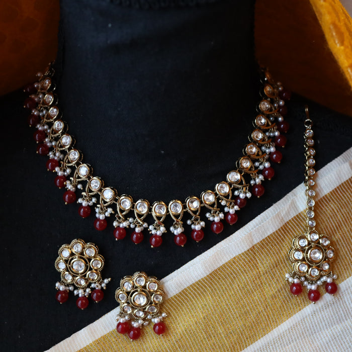Trendy red pearl short necklace with earrings and tikka TP225