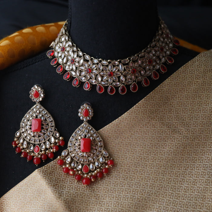Clearance Trendy  red stone short necklace with earrings TP002