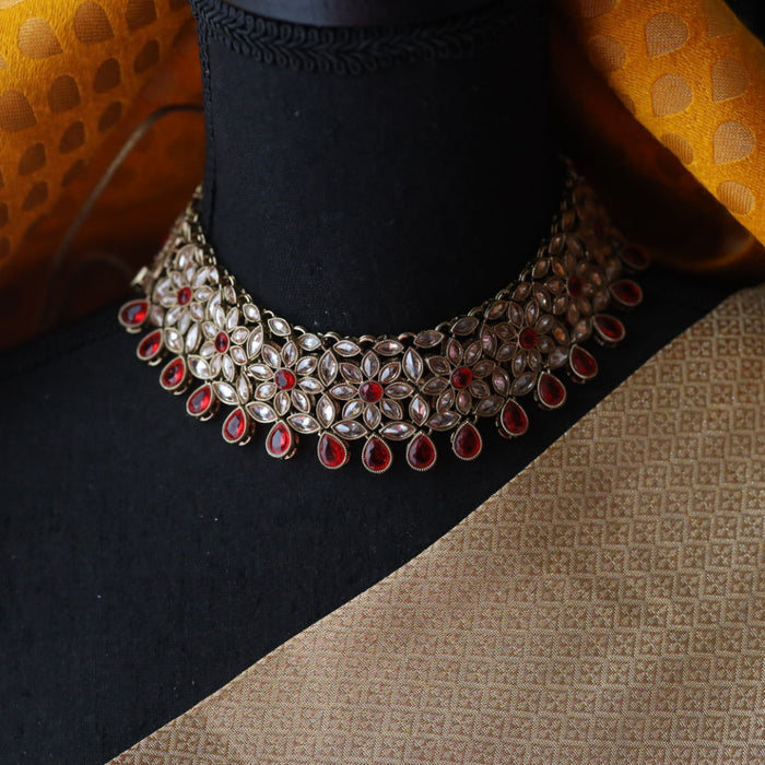 Clearance Trendy  red stone short necklace with earrings TP002