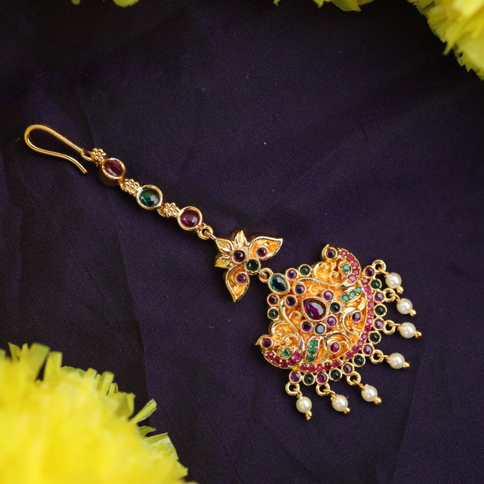 Heritage gold plated ruby green stone tikka 222693