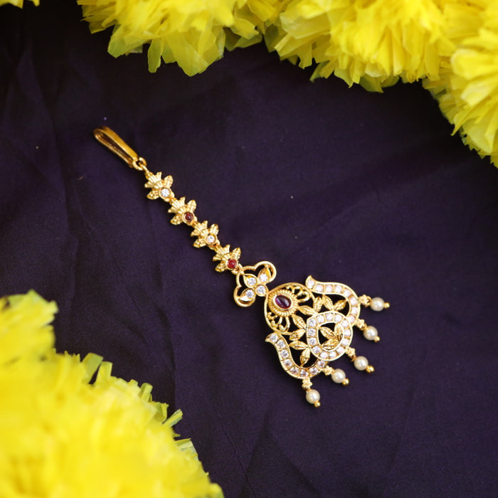 Heritage gold plated ruby green white stone tikka 222632