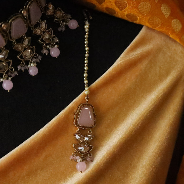 Trendy pink bead choker necklace with earrings and tikka TP512