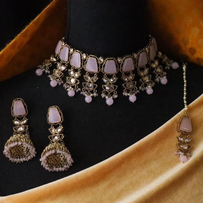 Trendy pink bead choker necklace with earrings and tikka TP512
