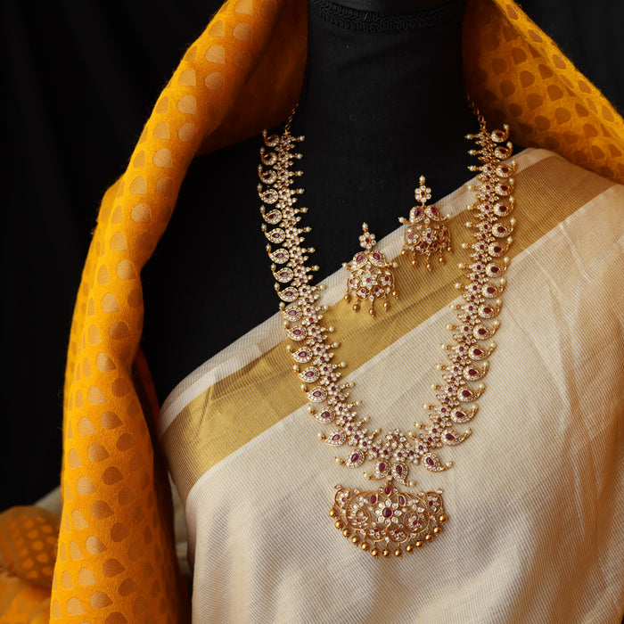 Antique ruby white stone long necklace and earrings LL02056