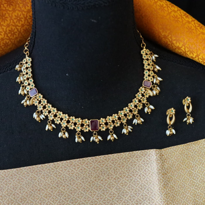 Antique ruby pearl short necklace with earrings SS10-105