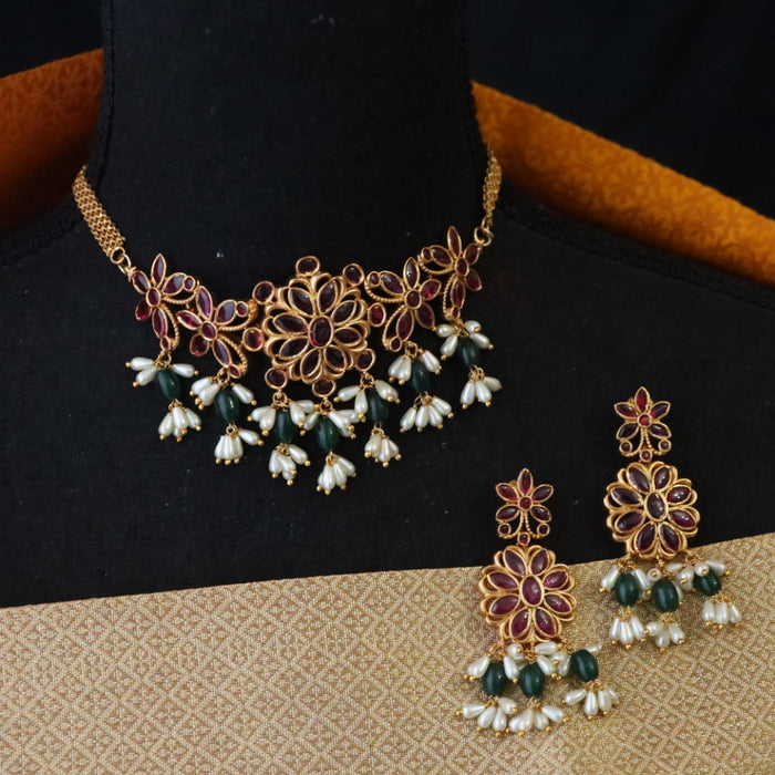 Antique green bead choker necklace with earrings CCB1800