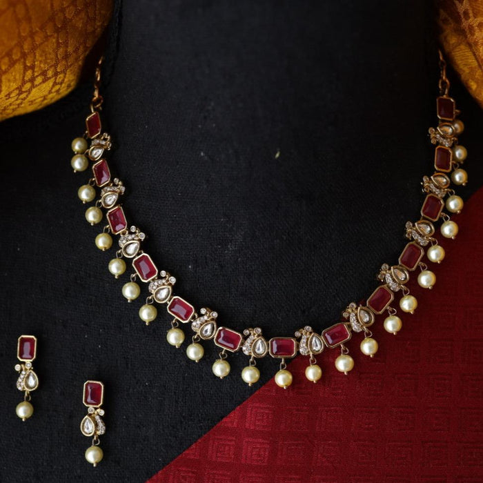 Antique ruby white stone short necklace and earrings TT02013