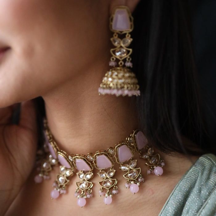 Trendy pink bead choker necklace with earrings and tikka TP512