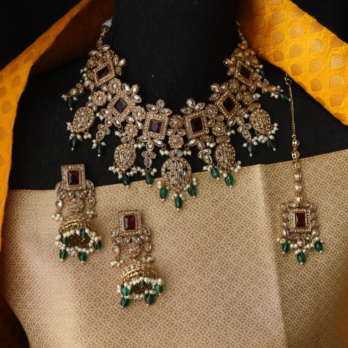 Trendy green stone short necklace with earrings TG002