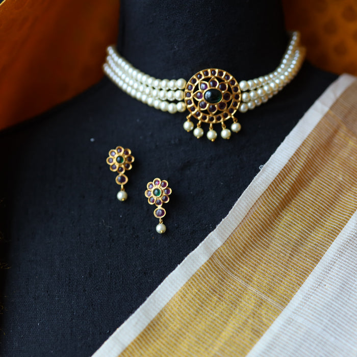 Padmini pearl ruby green stone choker necklace and earrings PAD678
