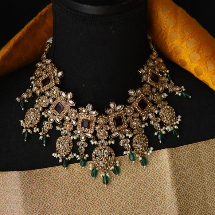 Trendy green stone short necklace with earrings TG002