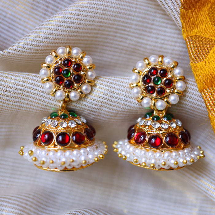 Antique gold ruby green stone traditional jumka earrings AJ417