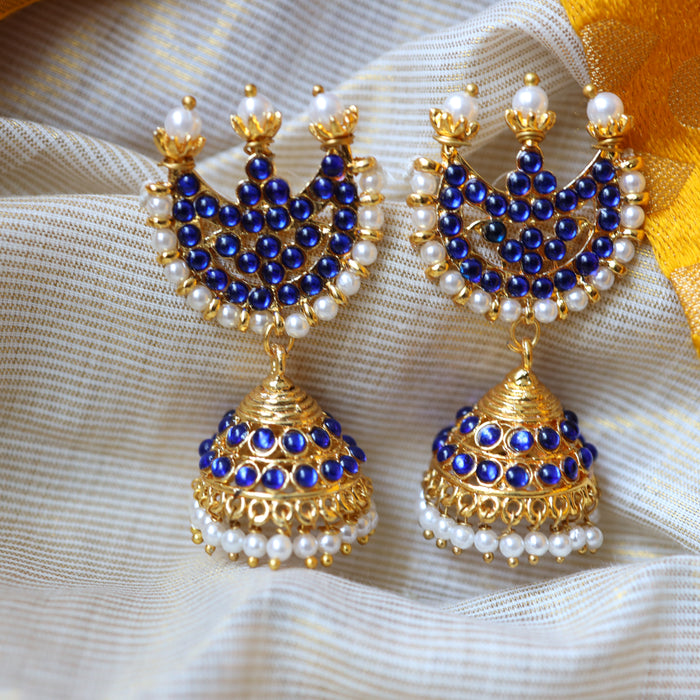 Antique gold blue stone traditional jumka earrings AJ419