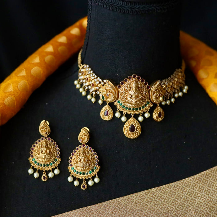 Antique temple design choker necklace and earrings CCB2375