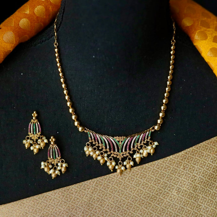 Antique ruby green stone short necklace and earrings TTS427