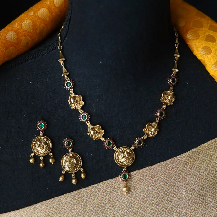 Antique ruby green stone short necklace and earrings TTS430