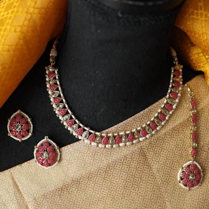 Trendy red bead short necklace with earrings and tikka TP222
