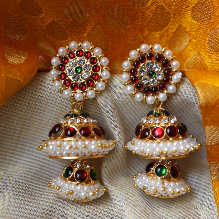 Antique gold ruby and pearl layer jumka earrings AJ7643
