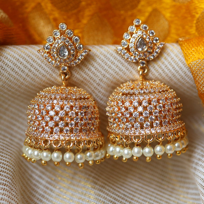 Heritage gold white stone and pearl jumka earrings HJ75391