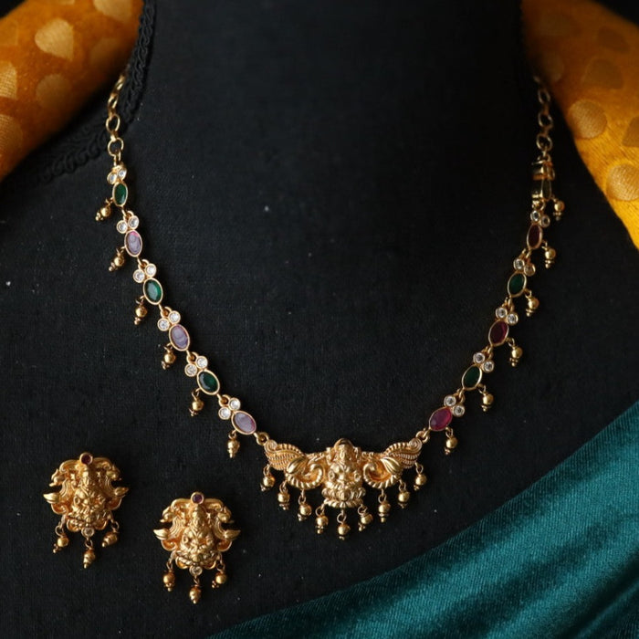 Antique ruby green stone short necklace and earrings TTS429