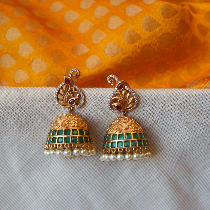 Antique gold green stone jumka earrings AJ759