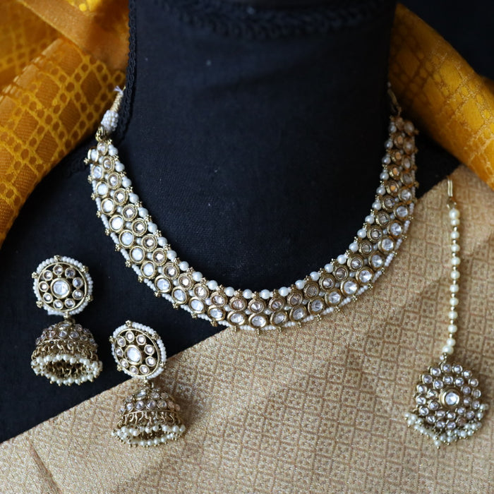 Trendy white stone short necklace with earrings and tikka TW0012