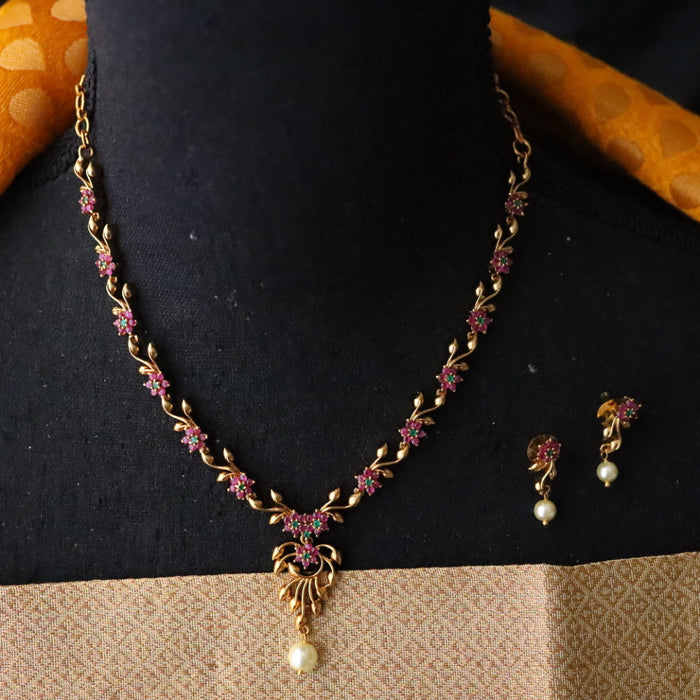 Antique ruby stone simple short necklace with earrings TTS416
